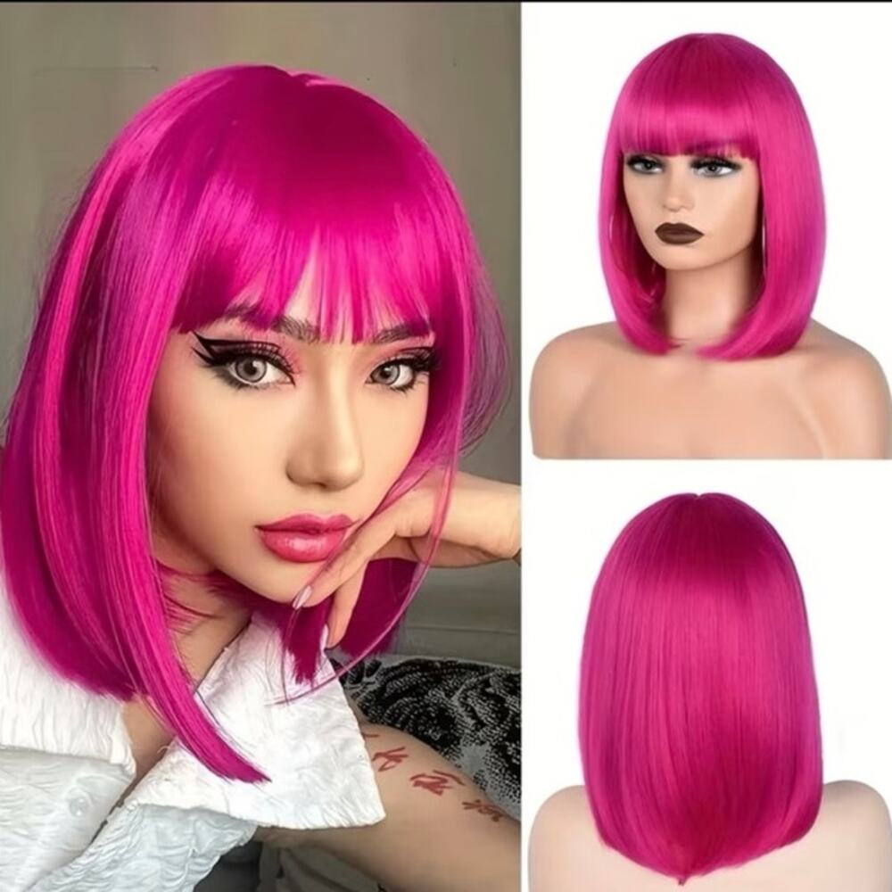 12-inch Rose Red Pink Short Straight Bob Synthetic Wig NWT